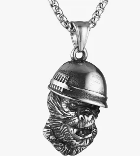 Ape Head Helmet Necklace Pendant Gorilla Face Chain Monkey Construction Engineer Worker Jewelry Stainless Steel 24in.