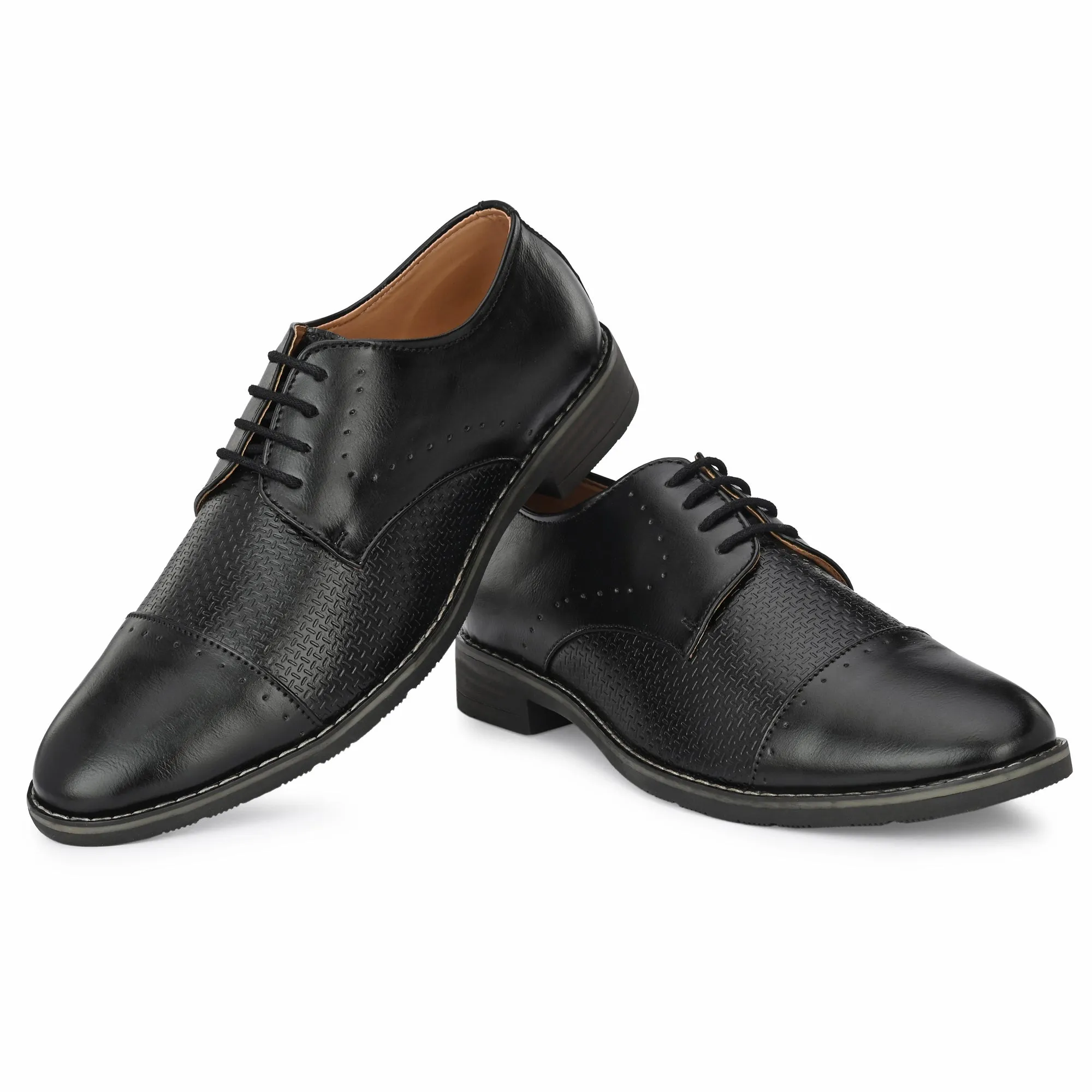 Attitudist Unisex Handcrafted Derby Matte Black Formal Lace-up Shoes With Cap Toe And Textured Design