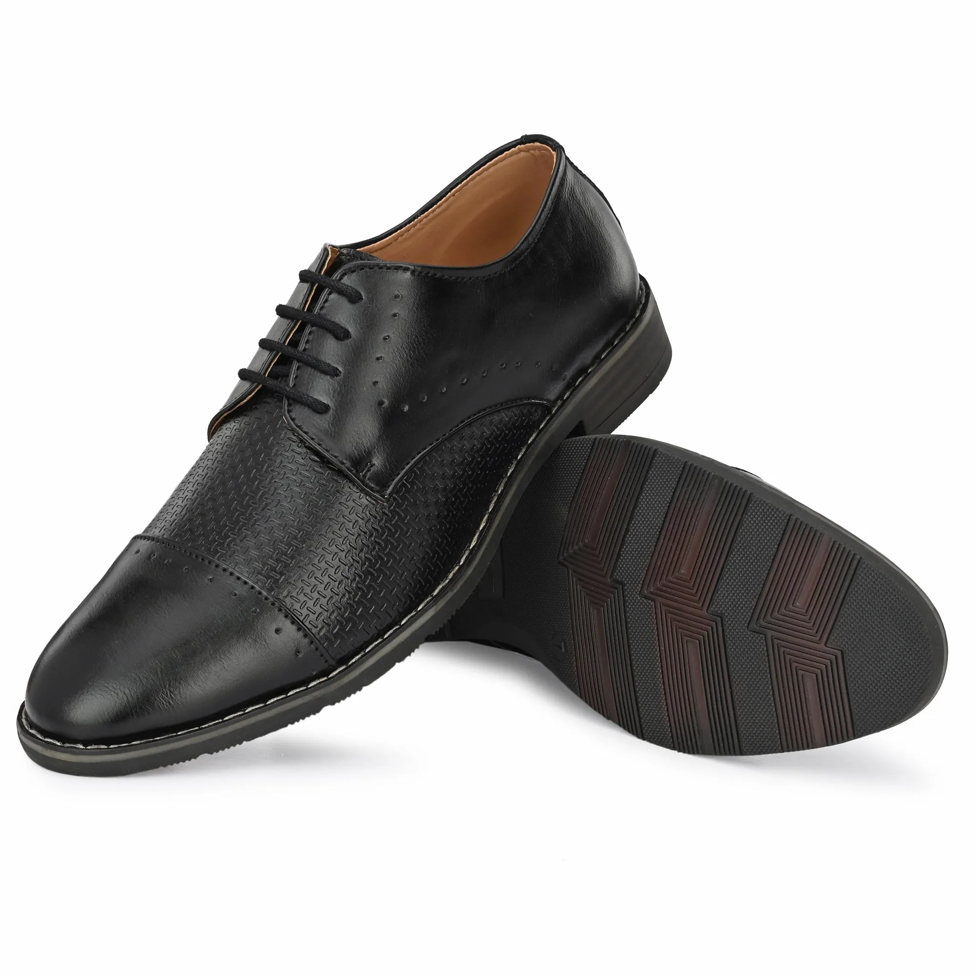 Attitudist Unisex Handcrafted Derby Matte Black Formal Lace-up Shoes With Cap Toe And Textured Design