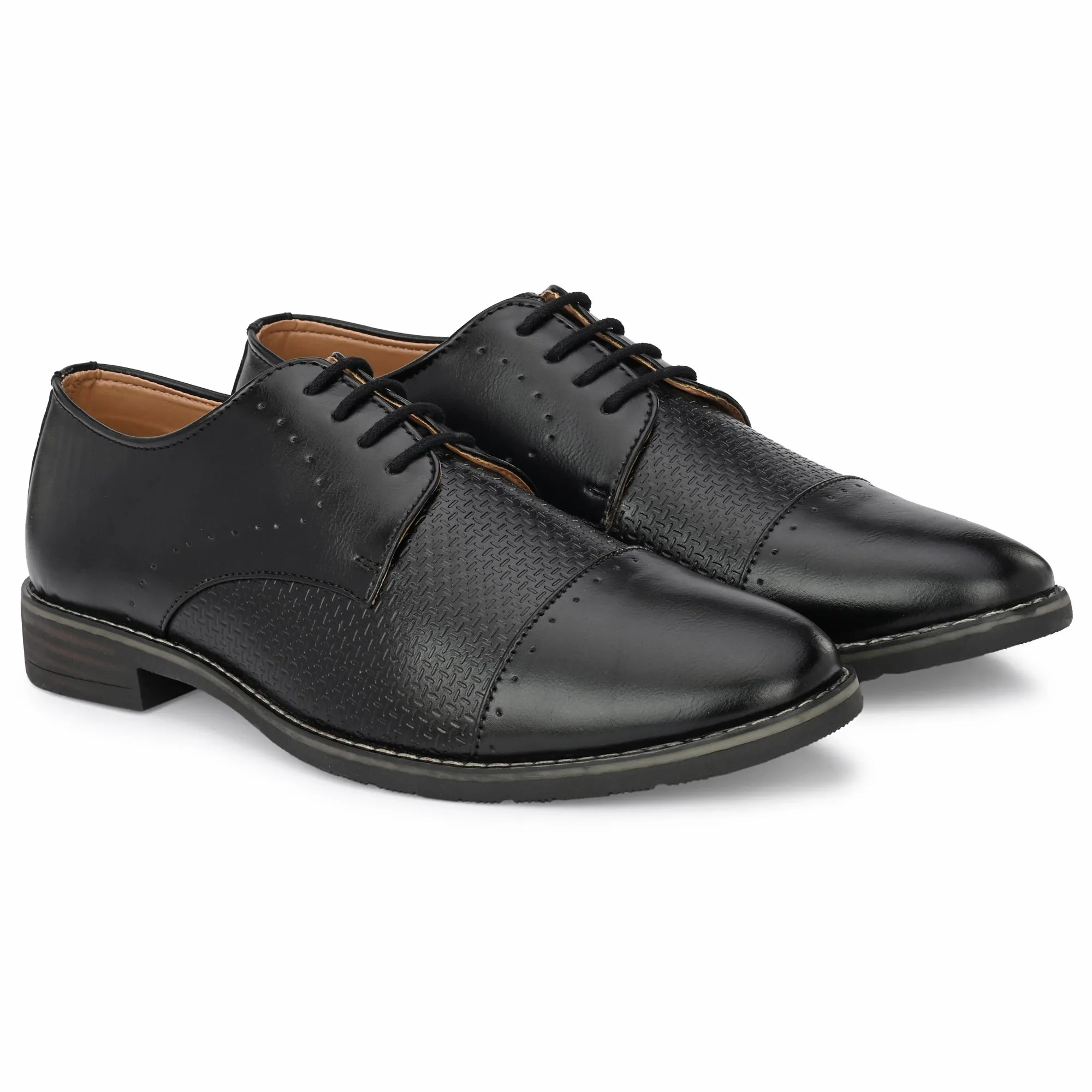 Attitudist Unisex Handcrafted Derby Matte Black Formal Lace-up Shoes With Cap Toe And Textured Design