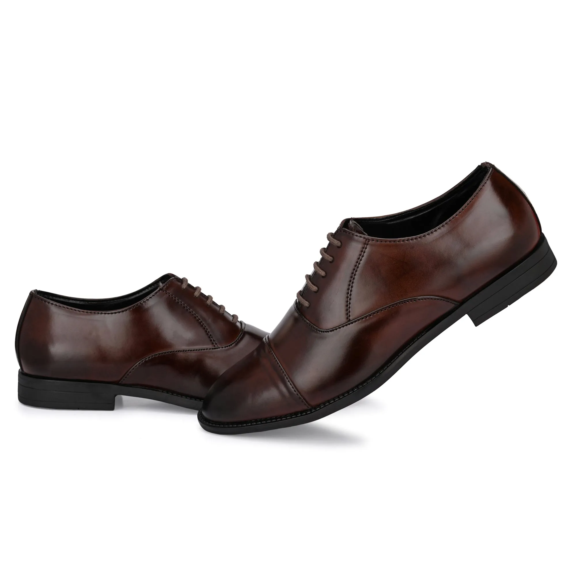 Attitudist Unisex Handcrafted Oxford Brown Plain Formal Laceup Derby Shoes With Cap Toe