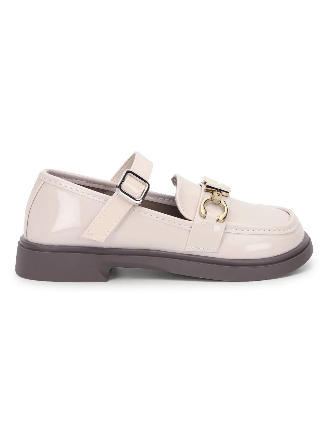 Beige Patent Stylish Velcro Loafers For Kids-Girls (TC-RS3636-BEIG)