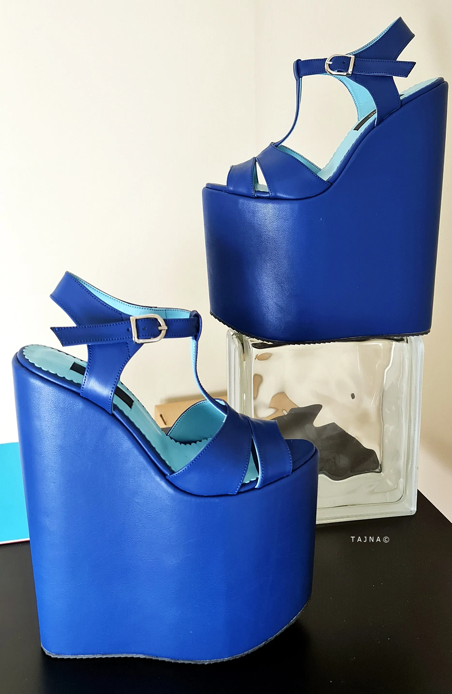 Blue Cross T Strap Detail Wedge Platform Sandals