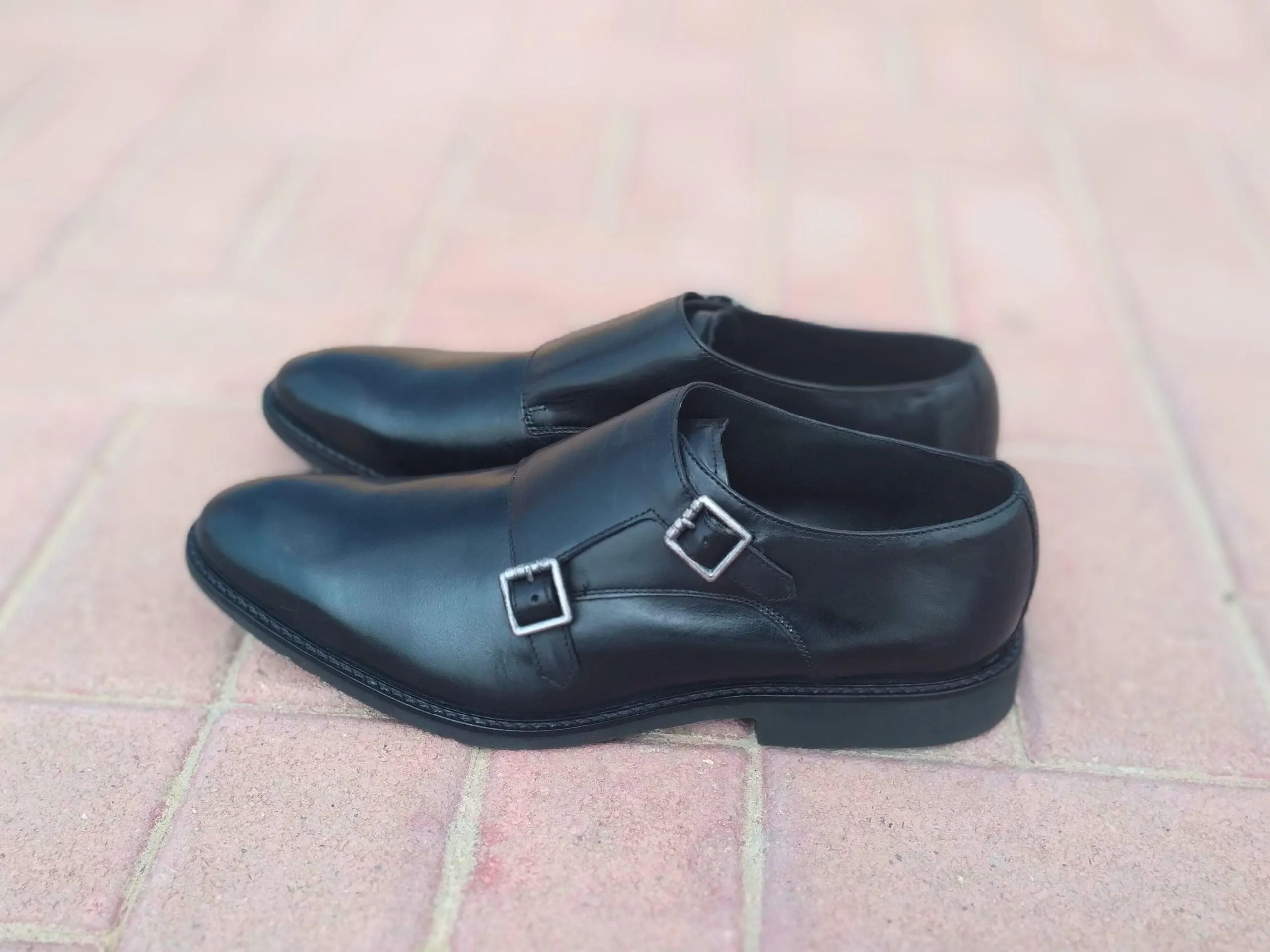 Double Strap Shoes Genuine Leather Plain toe Black